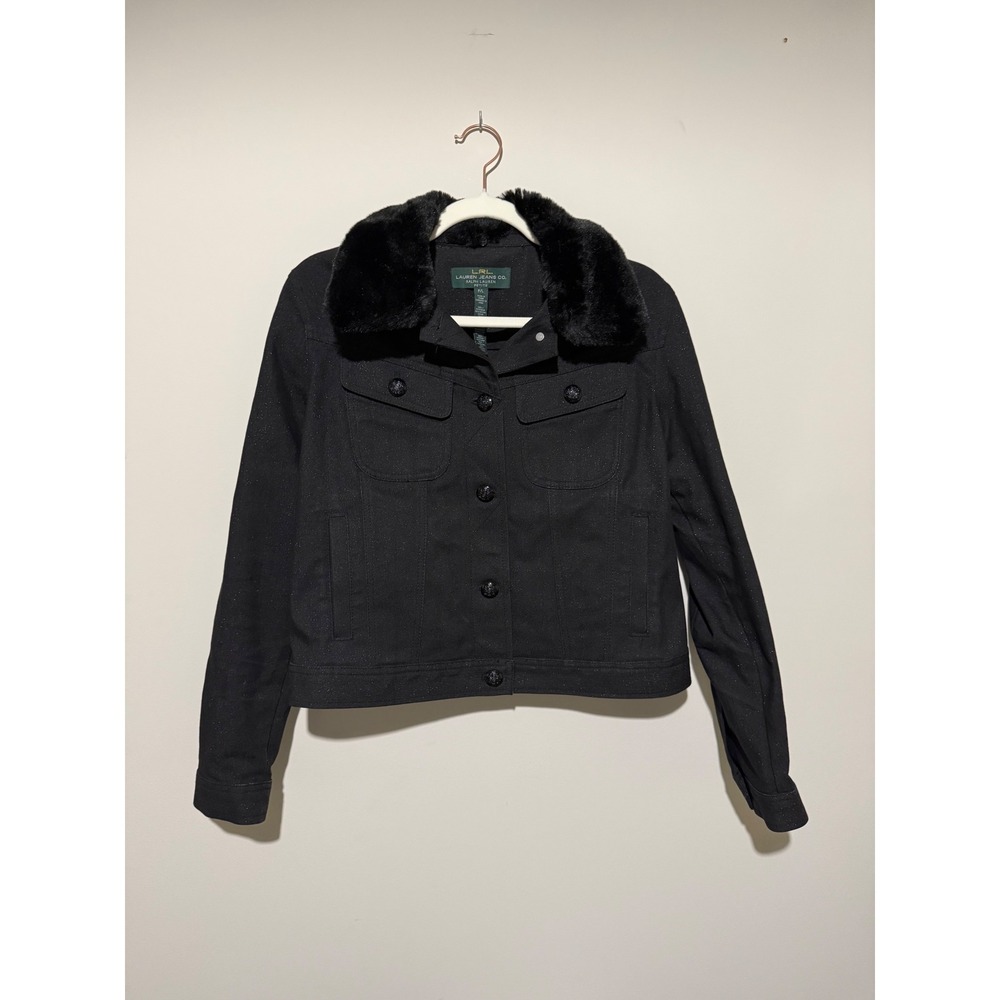 Lauren Ralph Lauren Black Sparkle Denim Jacket Faux Fur Collar Womens Petite L
